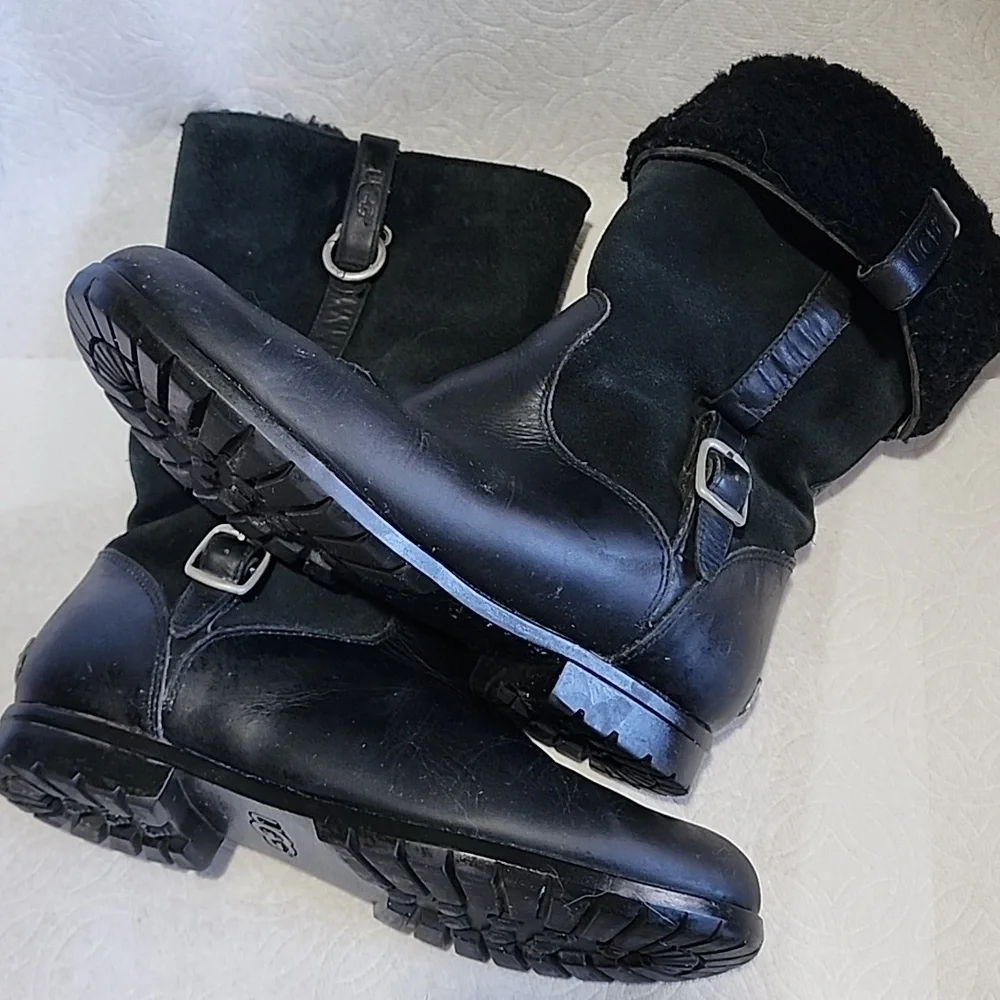Vintage UGG Black Leather Unisex Boots Sz 9L/7.5M Goth Biker Winter Snow Durable